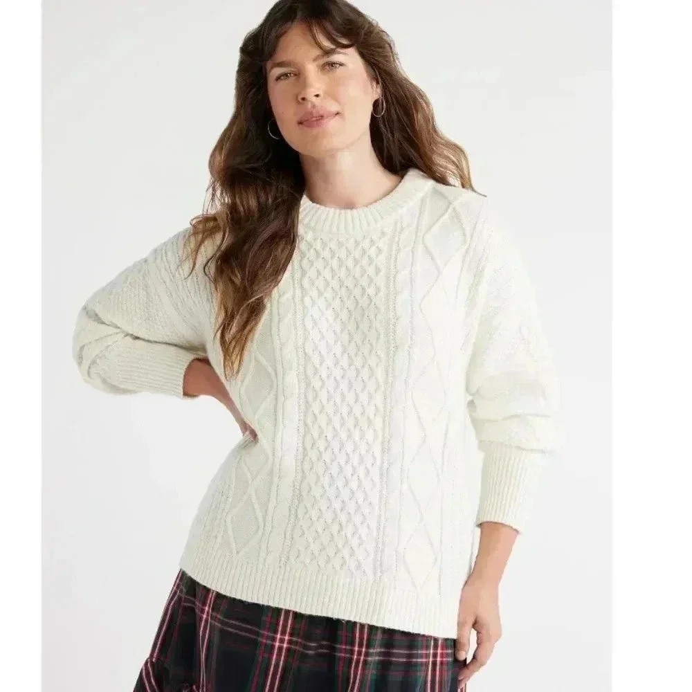 Free Assembly Women’s Mixed Cable Knit Sweater, Midweight